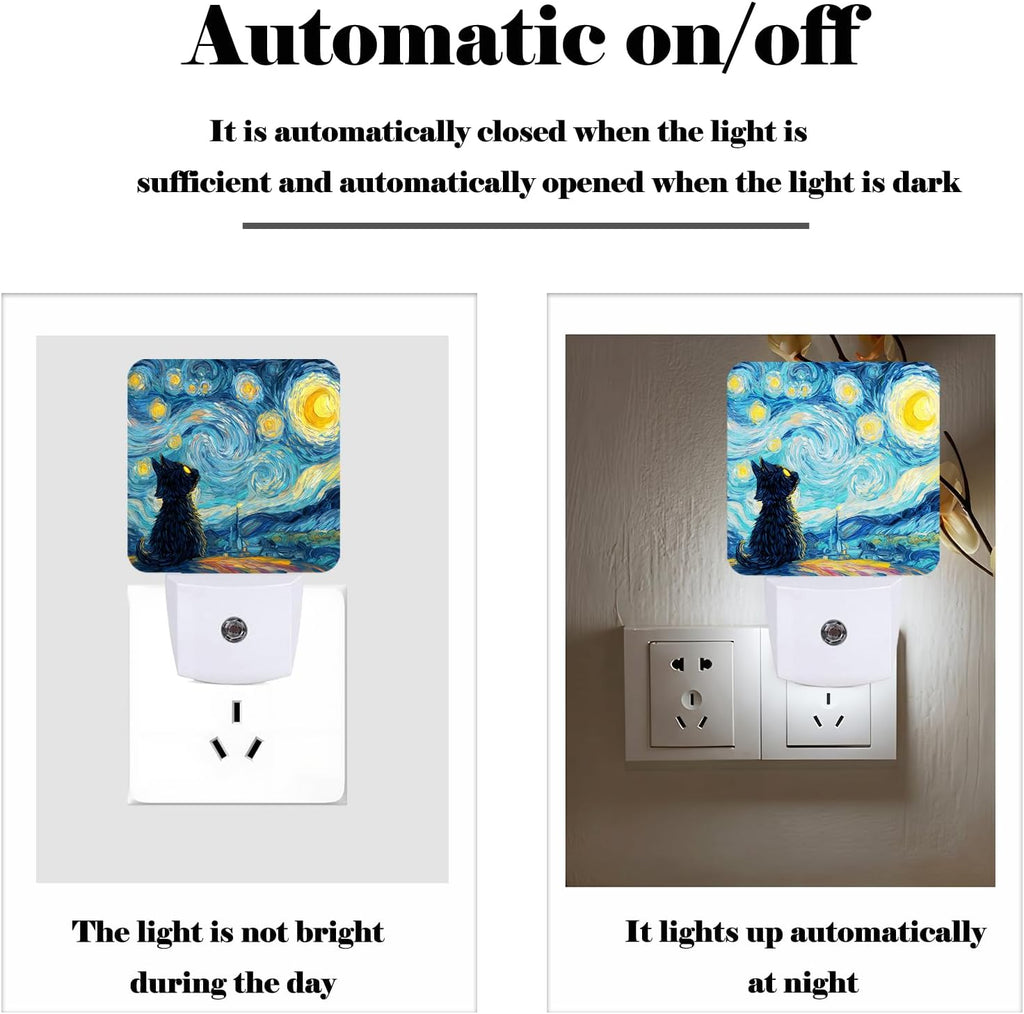 Starry Night Cat Night Light, Plug-in Nightlights Auto Sensor Night Lamp Dusk-to-Dawn Lamp Home Decor for Nursery Children Girls Boys