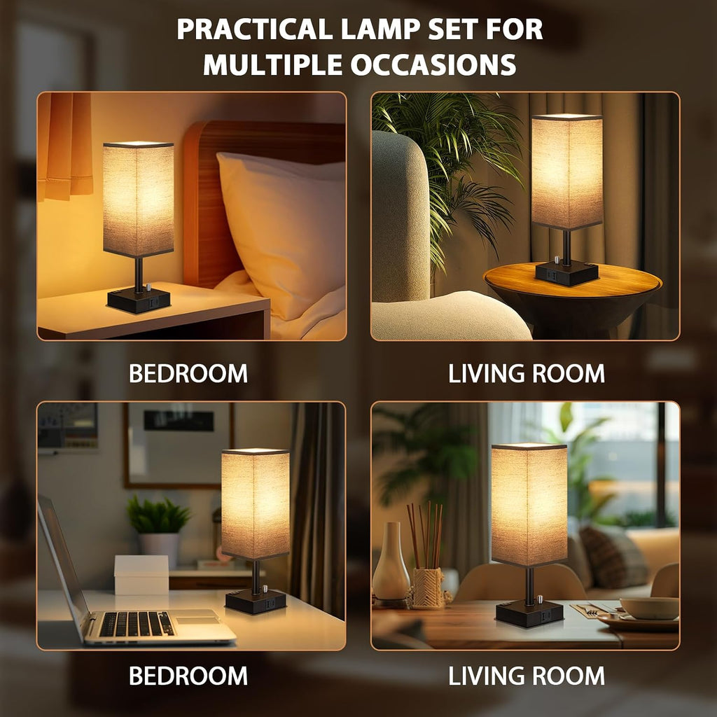 aooshine Black Fully Dimmable Nightstand Lamps Set of 2 - Table Bedside Lamp with USB C+A Charging Ports & 2 AC Outlets, Square Lamp Sets…