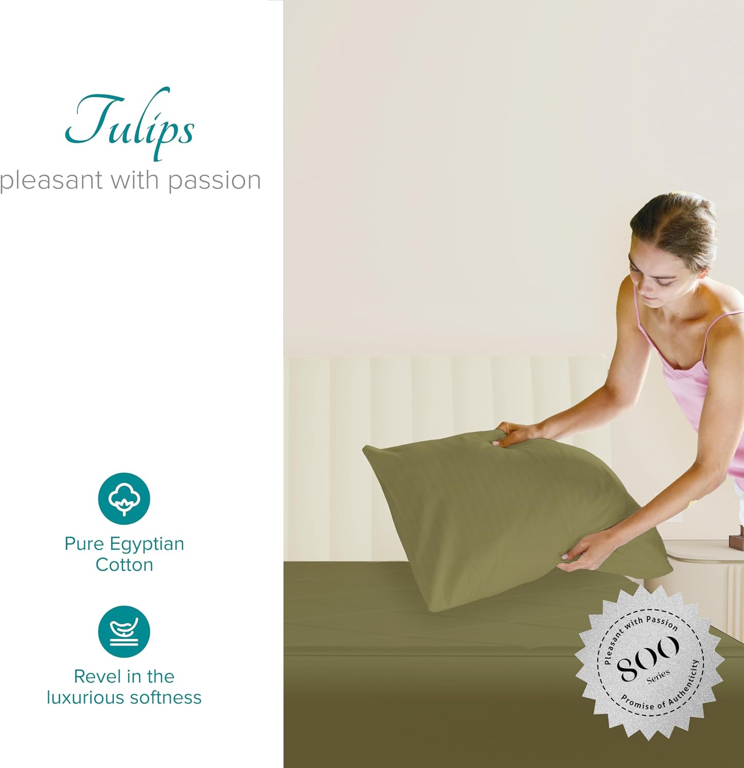 Carressa Linen Luxury Egyptian Cotton King Pillow Cases Set of 2-800 Series Tulips Collection Pillowcases for Sleeping (Sage Green)…
