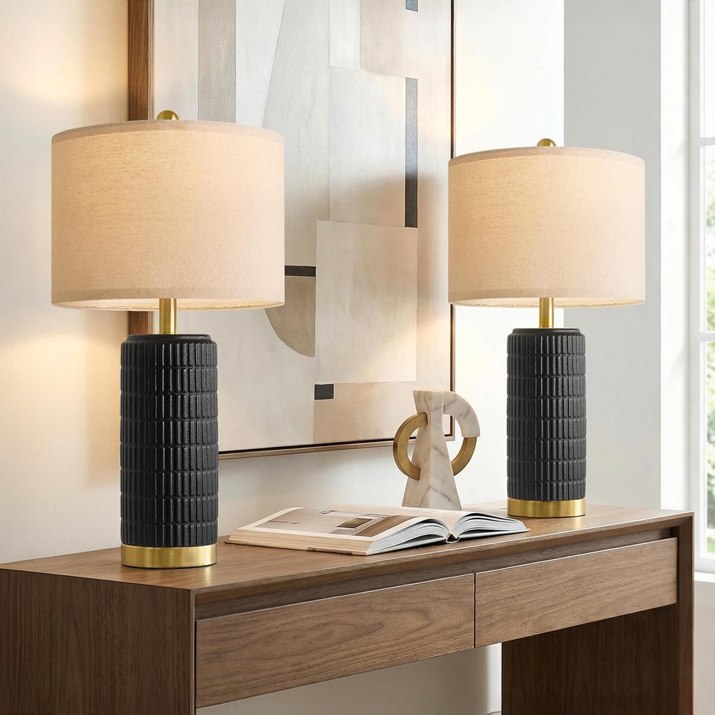 PoKat 25'' Black Ceramic Table Lamps Set of 2 with Gold Base for Bedroom Living Room, Farmhouse Matte-Textured Bedside Lamps for…