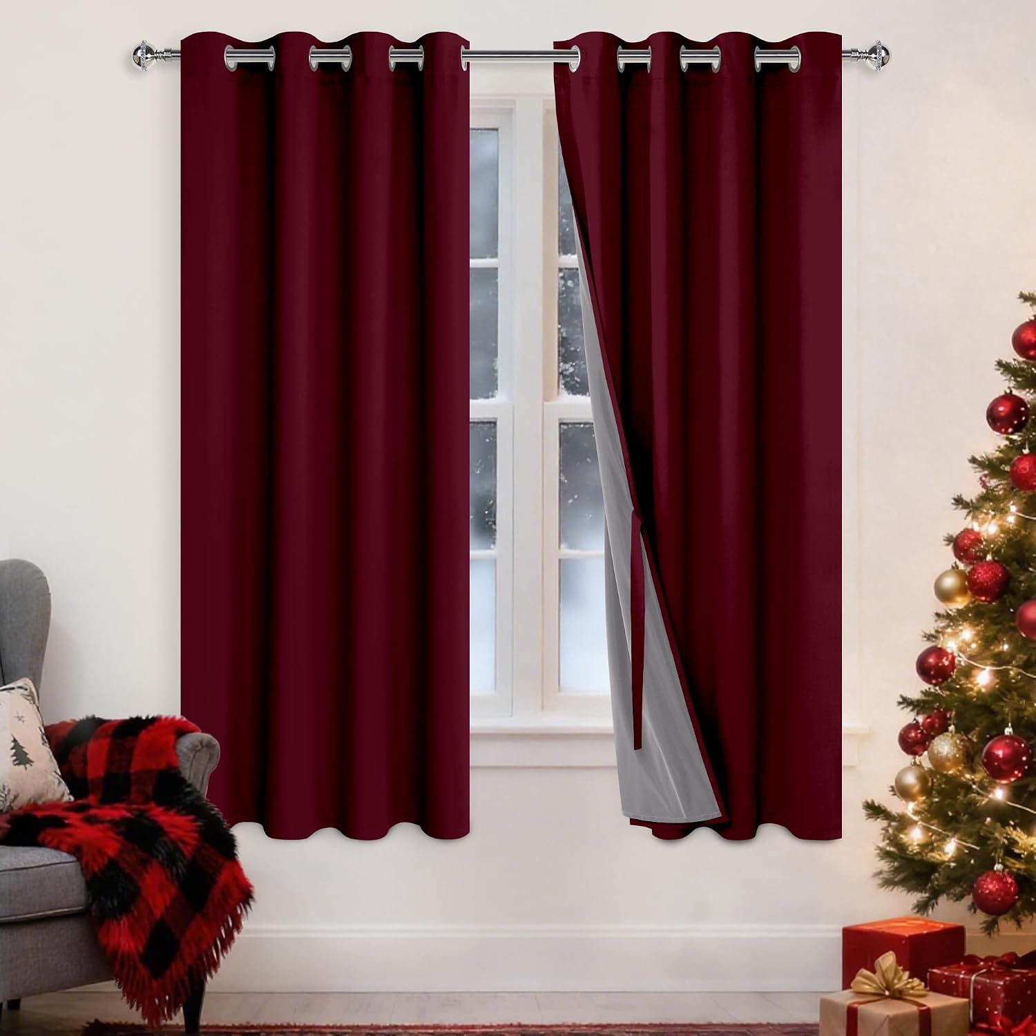 Xwzo 100% Blackout Curtains with Tiebacks - Heat and Light Blocking Ring Top Window Drapes with Black Liner Backing for Bedroom Sewn with T…