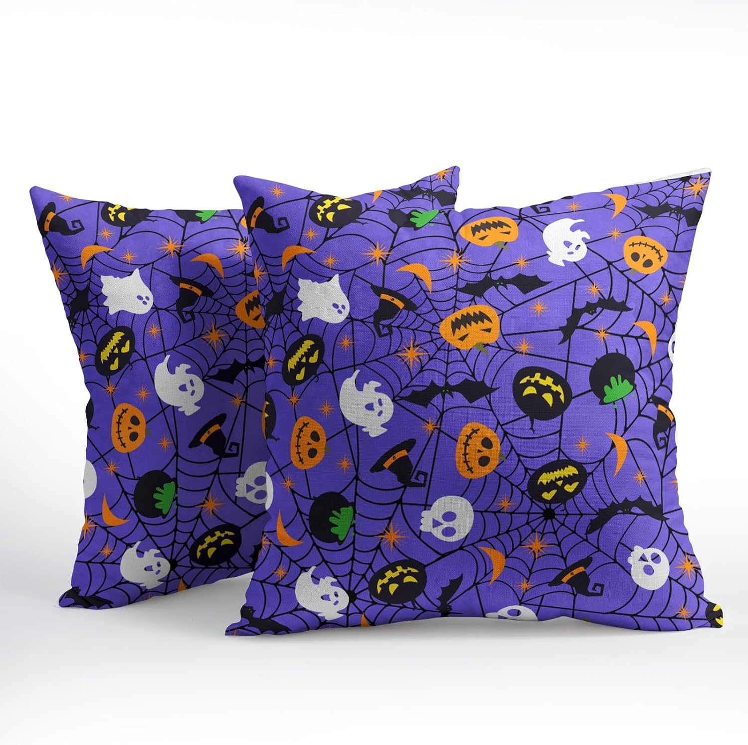 Halloween Purple Throw Pillow Covers 24x24 inch Set of 2 Humour Pumpkins Ghost Skeleton Bat Web Decorative Pillowcase Holiday Cotton…