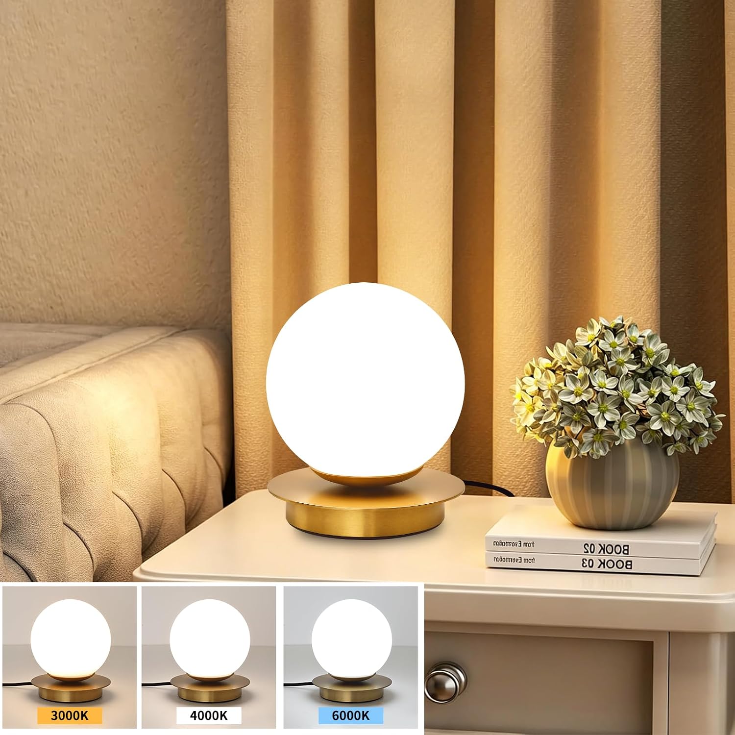 Touch Bedside Table Lamp, Brushed Gold Modern Small Nightstand Lamp for Bedroom Living Room Kids Room, Milky White Globe Glass Desk Lamp…