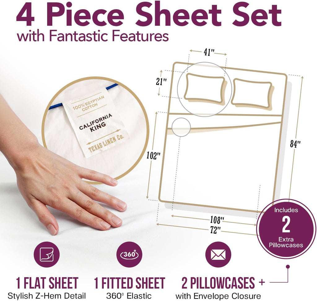 TEXAS LINEN CO. 100% Egyptian Cotton Sheets California King Size Bed Set - 4 PC Luxury High Series Beige Cal King Sheet Set, Silky Soft…