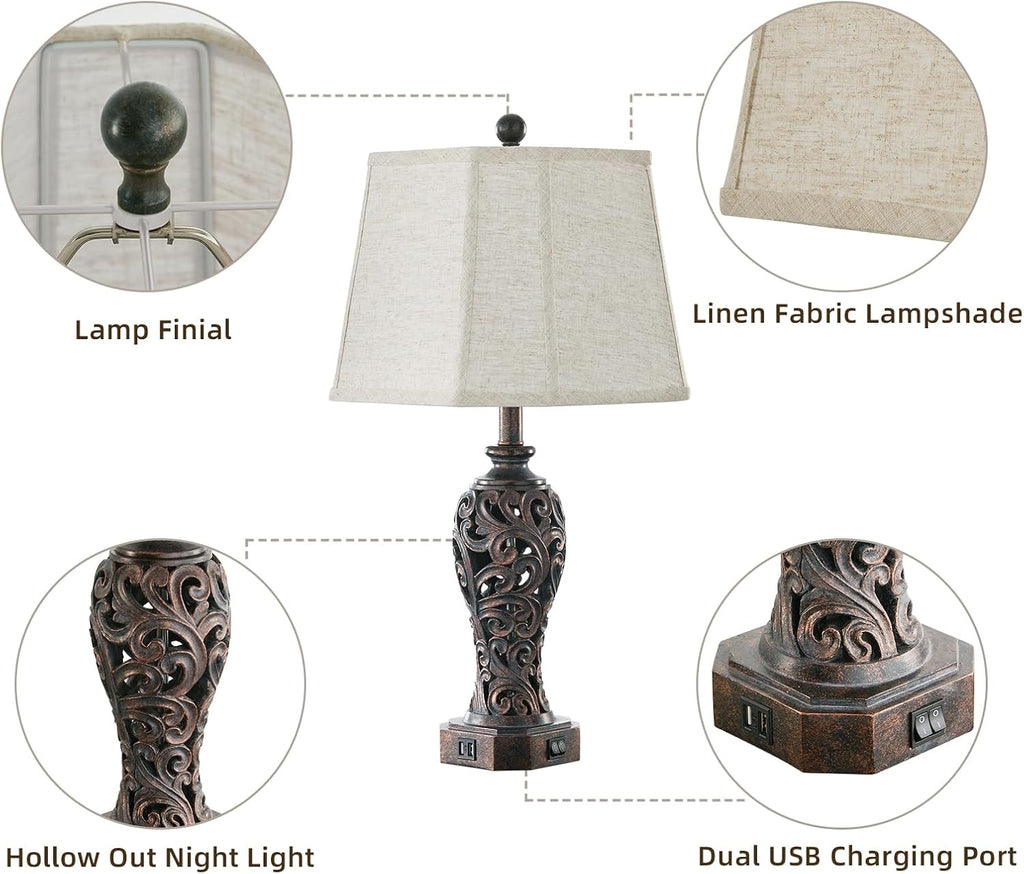 Set of 2 Farmhouse Table Lamps for Living Room, Rustic Vintage Nightstand Lamp with 2 USB Port, Bronze Resin Lamps for Bedroom End Table…