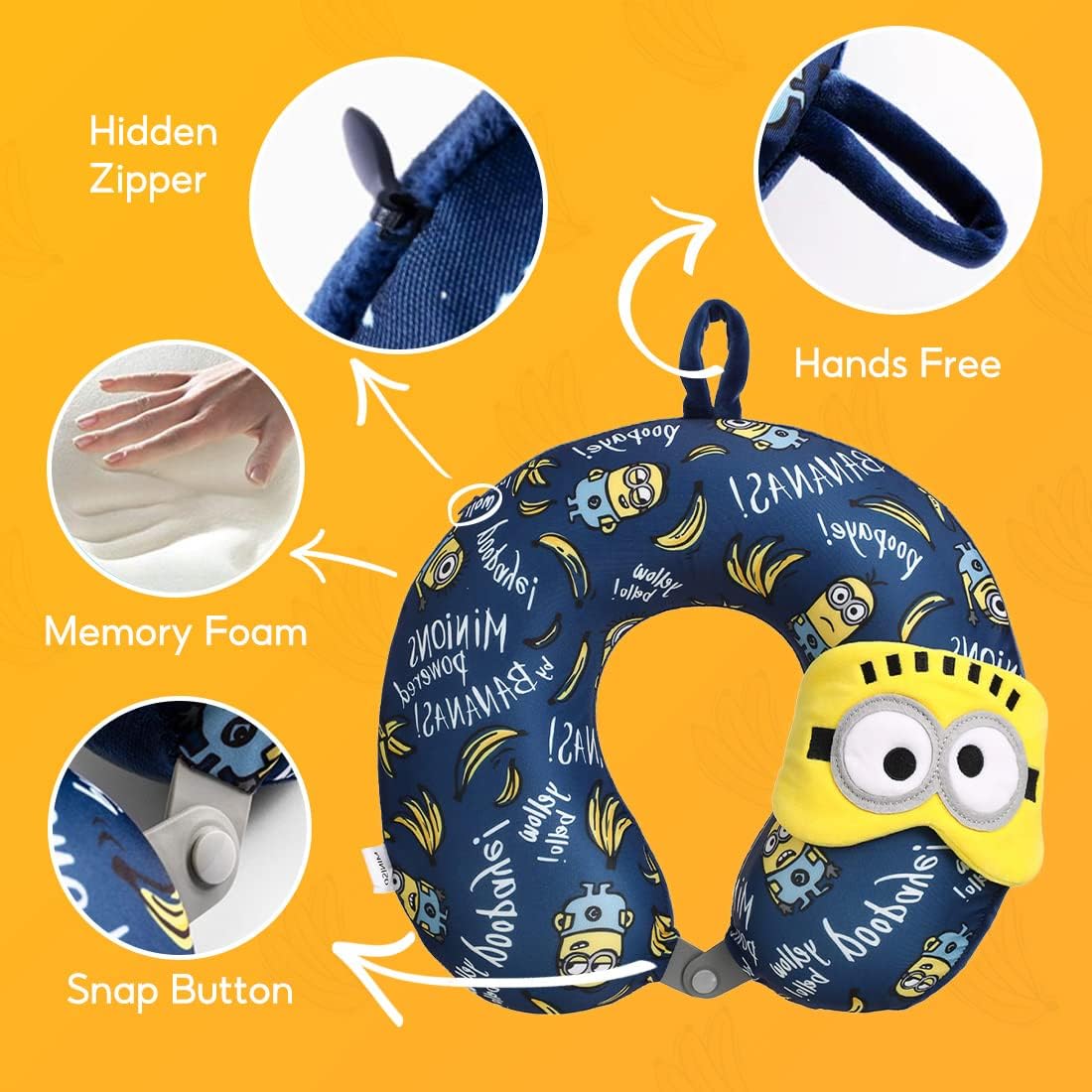 MINISO Minions Travel Neck Pillow with Eye Mask, Cute Cartoon 100% Memory Foam Neck Support Pillow, Lightweight Travelling Pillow Set for…