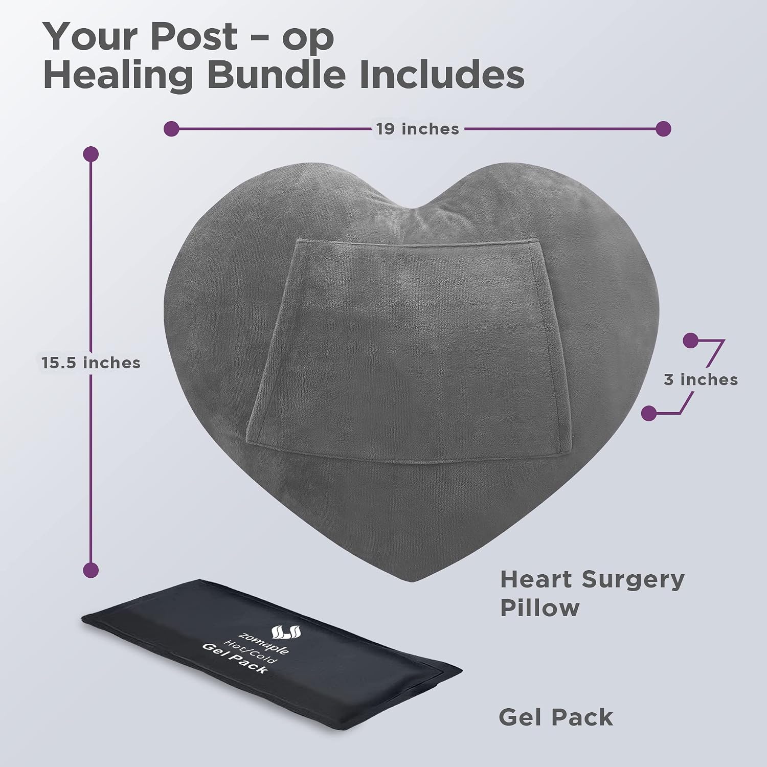 Zomaple Open Heart Surgery Pillow + Gel Pack, Grey – Eases Chest Pressure for Calmer Rides & Rest – Hot/Cold Comfort, Torso Support…