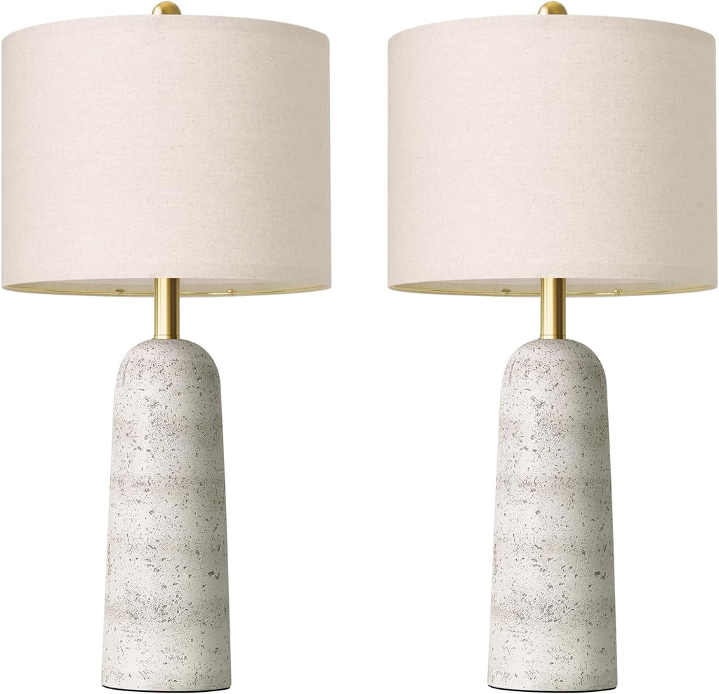 BOBOMOMO 27.25" Modern Table Lamp Set of 2, White Resin Table Lamps with Stone Look, Lamps for Living Room with Linen Shades, Bedside…