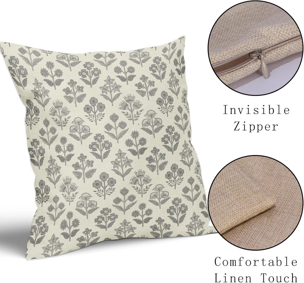 Grey Gray Floral Pillow Covers 18x18 Inch Set of 2, Vintage Flower Block Print Pattern Decorative Throw Pillowcases Outdoor Farmhouse…