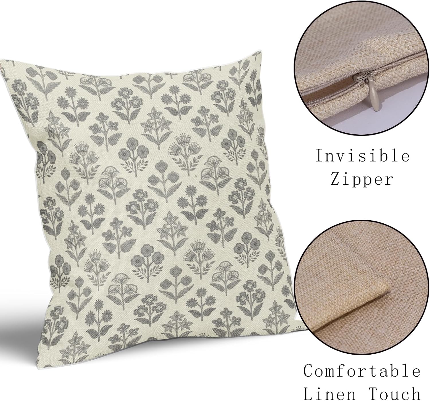 Grey Gray Floral Pillow Covers 18x18 Inch Set of 2, Vintage Flower Block Print Pattern Decorative Throw Pillowcases Outdoor Farmhouse…