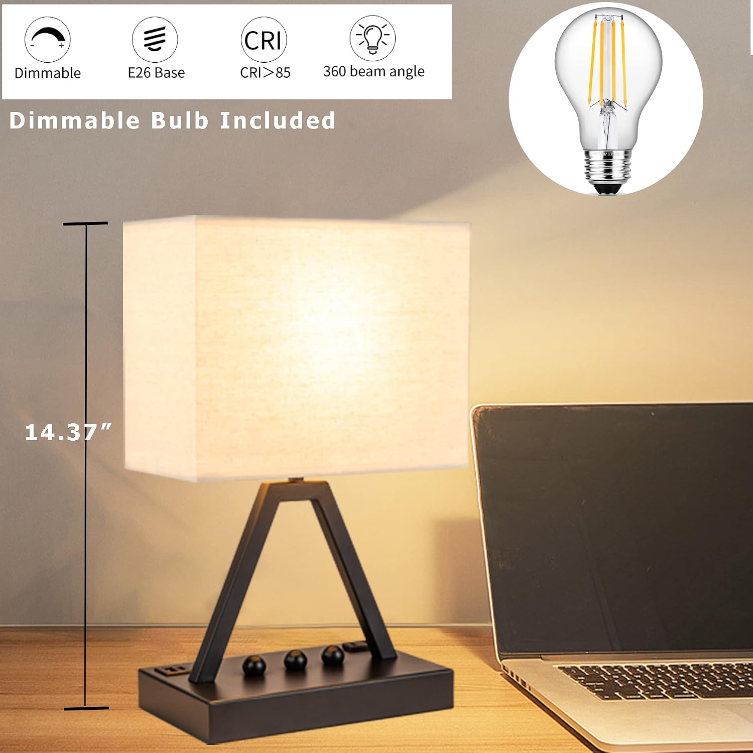 Briever Touch Control Table Lamp, 3-Way Dimmable Desk Lamp with USB C & USB A and AC Outlet, Bedside Lamps with Phone Stands for Bedroom, L…