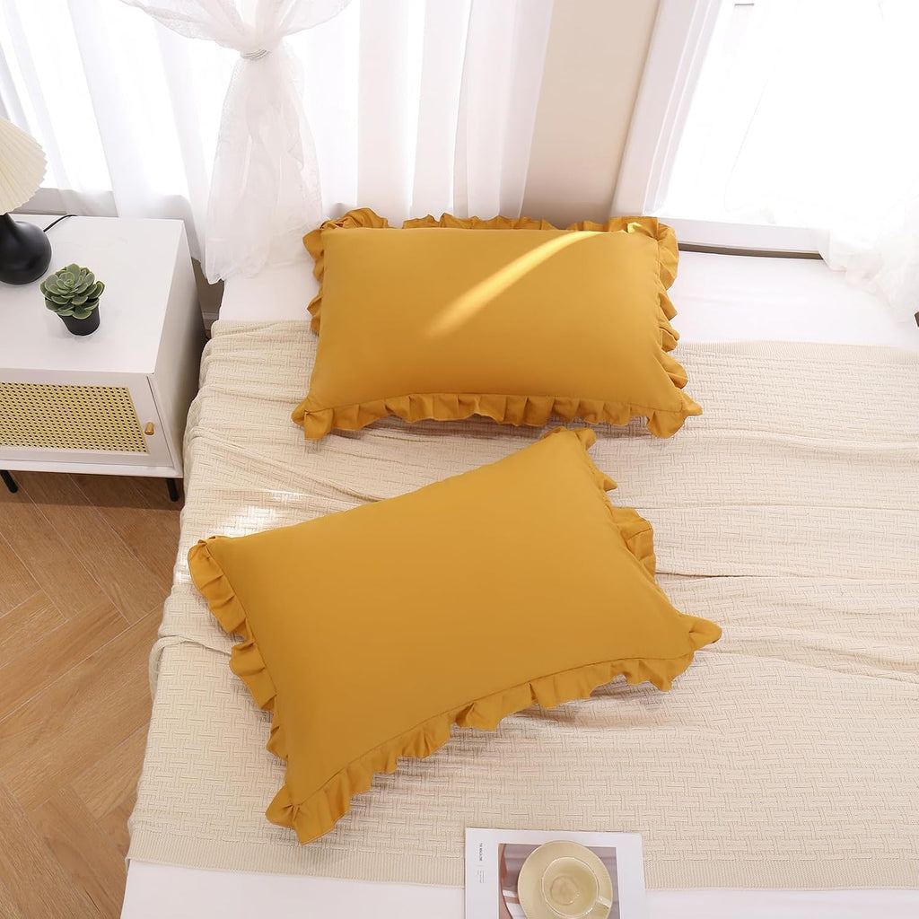 Merryword Mustard Yellow Pillowcases King Pillowcases Set of 2 Ruffle Pillow Shams Cute Pillow Covers Solid Ruffled Fringe Design Yellow Sh…