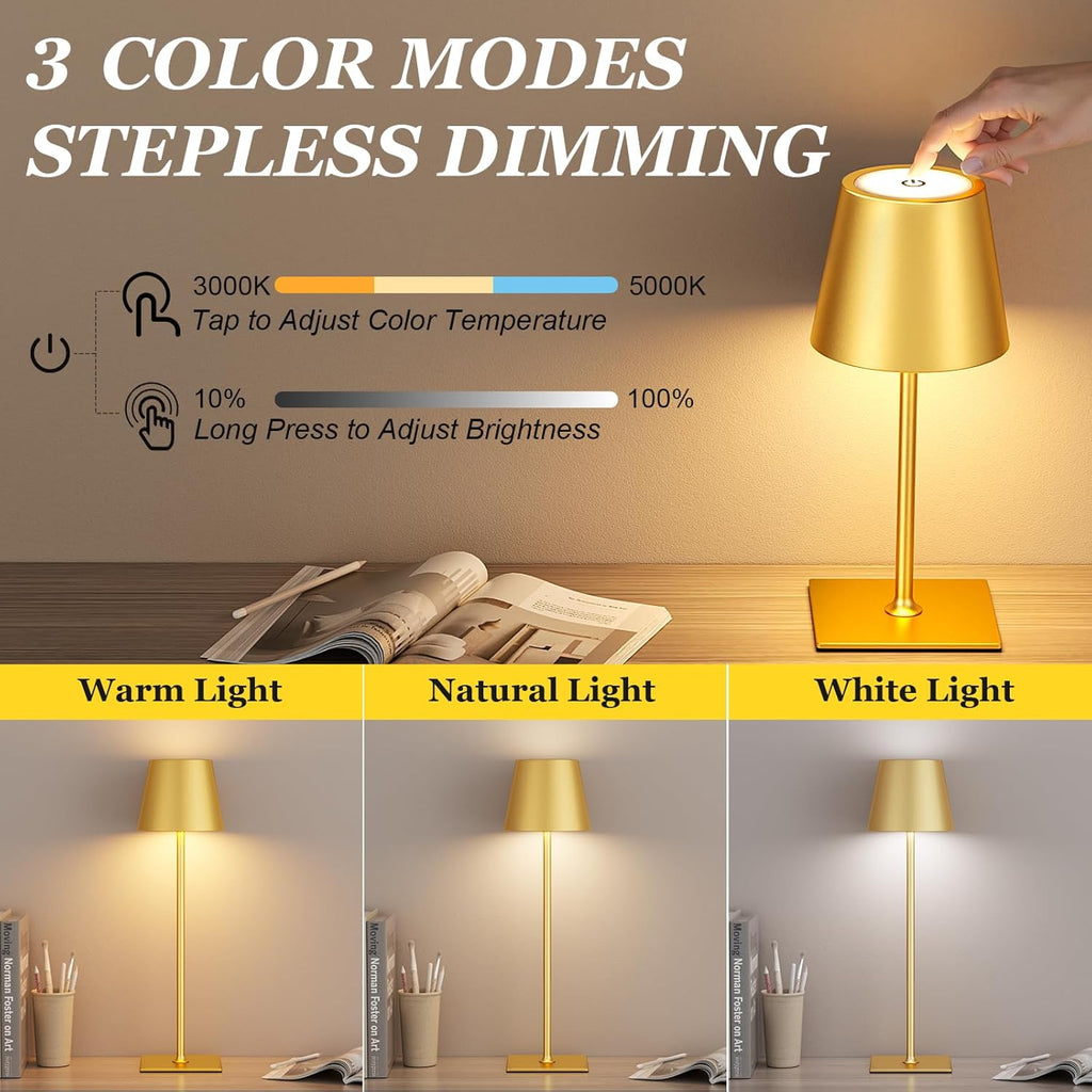 Kakanuo Gold Cordless Rechargeable Table Lamp 5000mAh Battery Operated Lamps, 3 Colors Stepless Dimming Touch Lamp for Living Room…