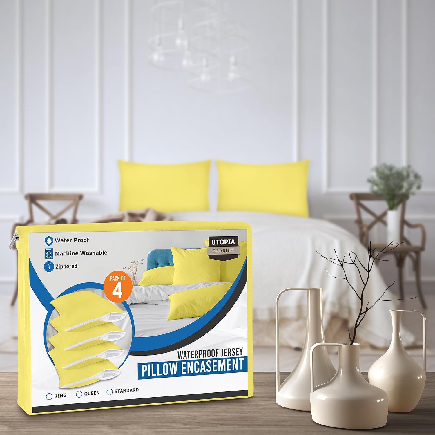 Utopiabedding Utopia Bedding 100% Waterproof Pillow Protectors with Zipper Standard Size (Set of 4), Bed Bug and Dust Mite Proof Zippered P…