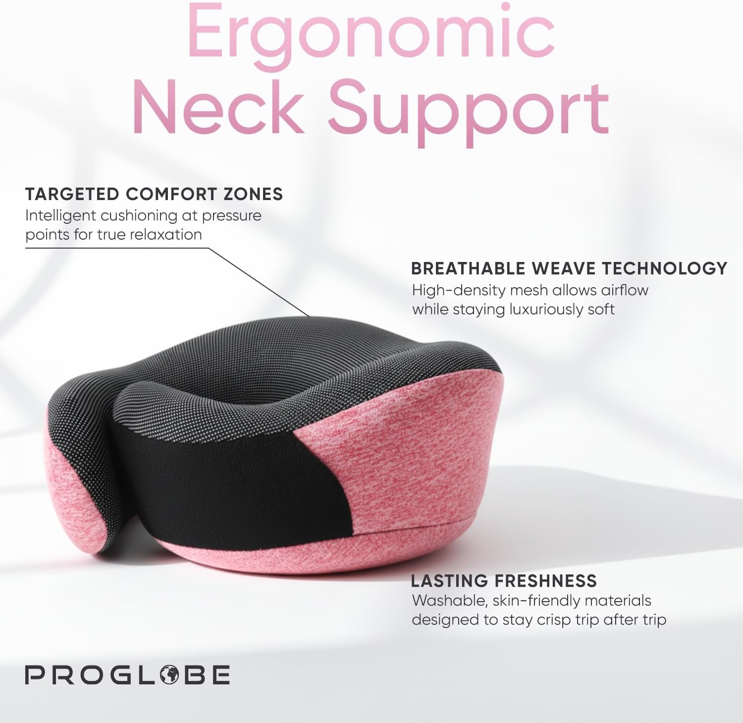 Proglobe Pink Airplane Travel Pillow Set, 100% Pure Memory Foam Neck Pillow, Updated Material, Long Flight Travel Kit with 3D Contoured…