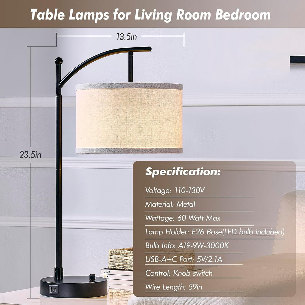 Table Lamp for Living Room Bedroom, 23.5" Table Lamps Set of 2 with USB C+A Ports, Bedside Lamps for Nightstand with Linen Lamp Shades, 2…