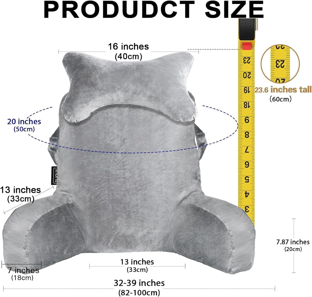 SLIGUY Reading Pillow for Sitting in Bed Couch Adult, Back Pillow with arm Support and Pockets, Adult Back Pillow Bed Chair for Bed Rest…