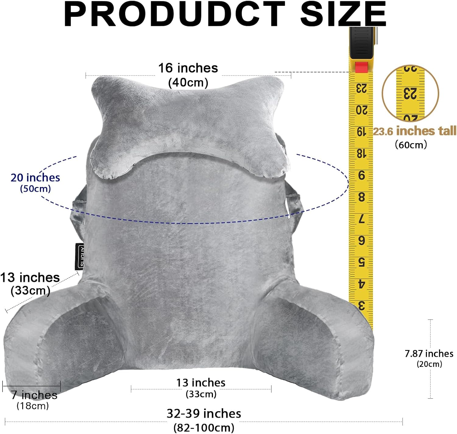 SLIGUY Reading Pillow for Sitting in Bed Couch Adult, Back Pillow with arm Support and Pockets, Adult Back Pillow Bed Chair for Bed Rest…
