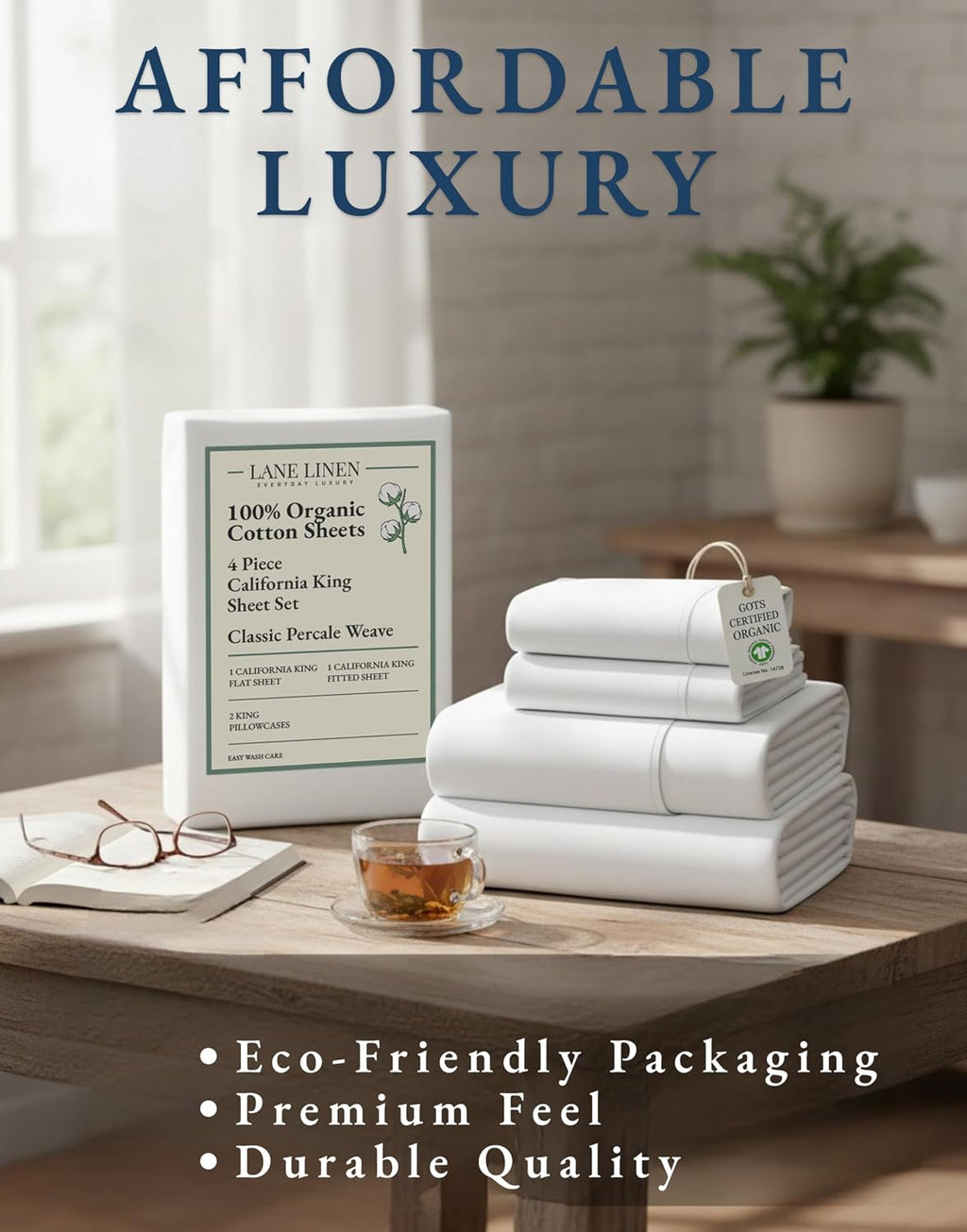 LaneLinen LANE LINEN 100% Organic Cotton California King Sheets Set, 4-Piece Pure Long Staple Percale Weave Ultra Soft Bedding Sheets for B…