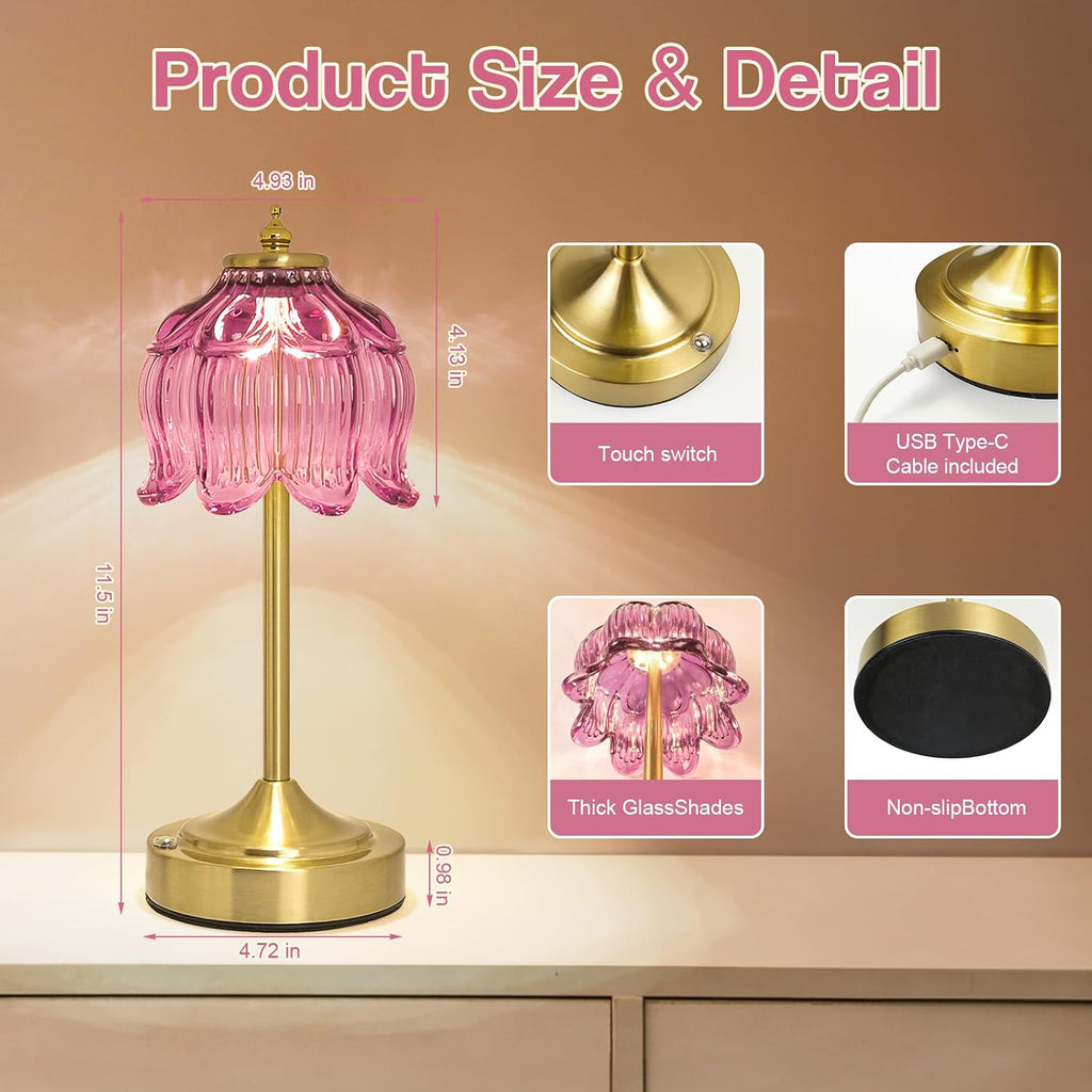 Crkwos Cordless Lotus Flower Table Lamp, 5200mAh Rechargeable Battery Operated Portable Lamp, 3-Color Dimmable Touch Control Small D…
