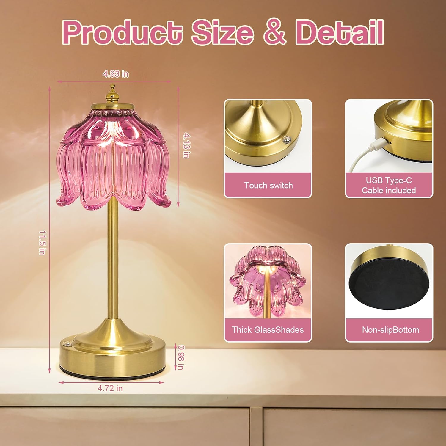 Crkwos Cordless Lotus Flower Table Lamp, 5200mAh Rechargeable Battery Operated Portable Lamp, 3-Color Dimmable Touch Control Small D…