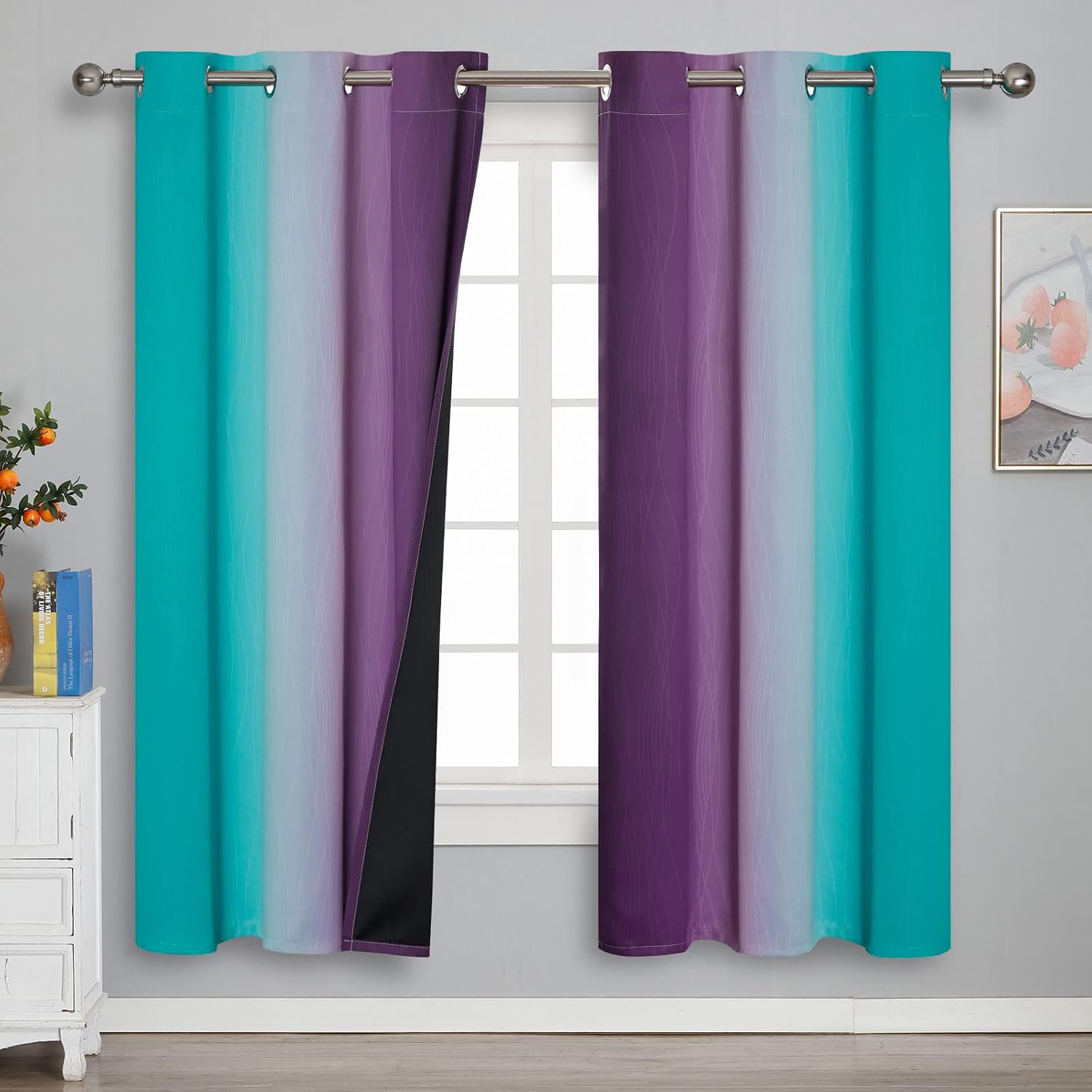 Estelartextiler Estelar Textiler Ombre Teal and Purple Blackout Curtains 72 Inch Length 2 panels, Grommet Thermal Insulated Gradient Drapes…