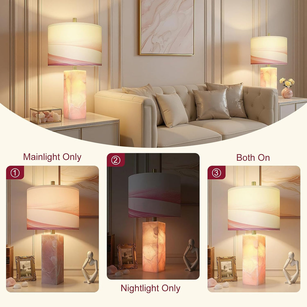 Scenekoy 23" Alabaster Table Lamp Set of 2 with Night Light for Bedroom Living Room, Rotary Switch, Pink Modern Table Lamp with Linen…