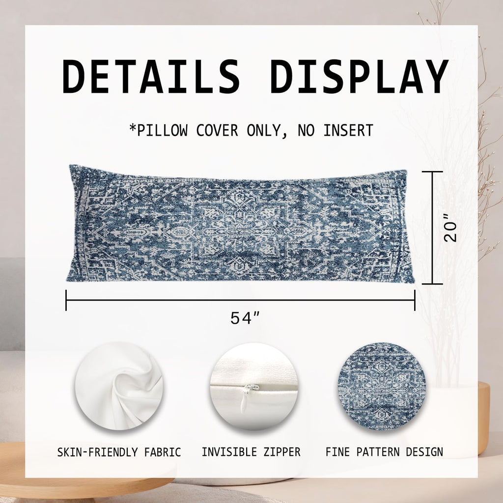 Vintage Boho Navy Blue Tribal 20x54 Body Pillow Cover, Retro Boho Blue Ethnic Moroccan Decorative Long Body Pillow Cases for Bed Couch