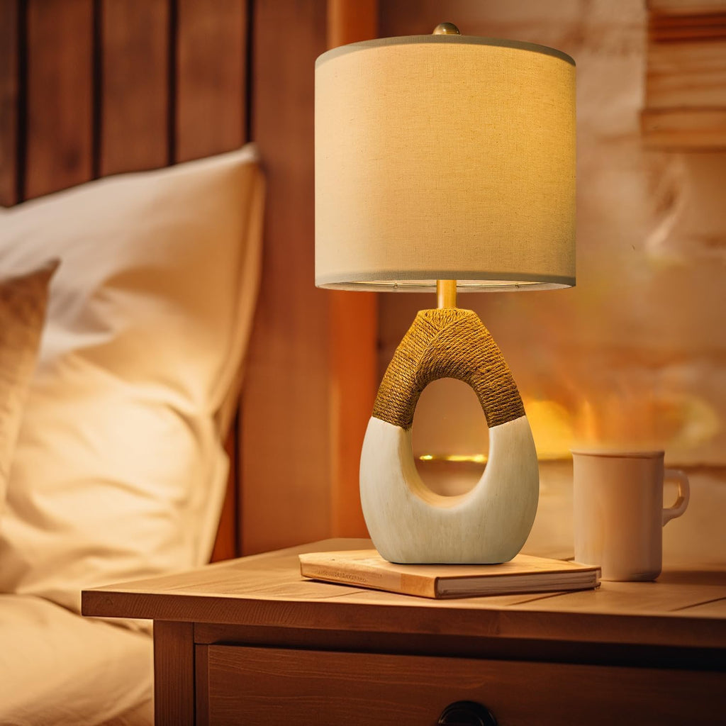 OYEARS 19” Boho Table Lamps Bedroom Living Room, Suitable for Small Space, Farmhouse Rattan Lamp Rustic Egg Design Resin Nightstand Bedside…