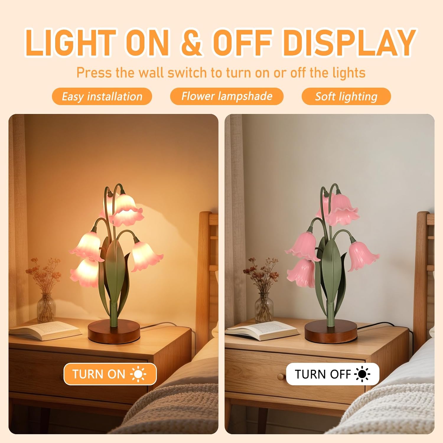 Flower Table Lamp for Bedroom, Cute Reading Light with 5 Wind Chime Grass Flower of The Valley, Desk Lamp Bedside Lamps for Nightstands…
