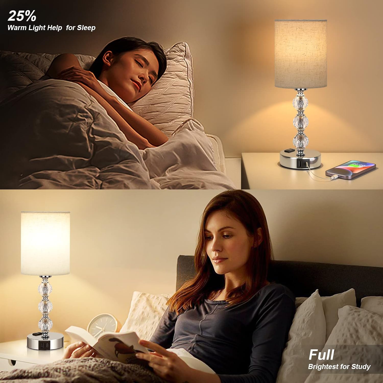White Touch Bedside Lamps for Bedrooms - Crystal Table Lamp with USB C+A Charging Port and AC Outlet Nightstand, 3 Way Dimmable Silver…