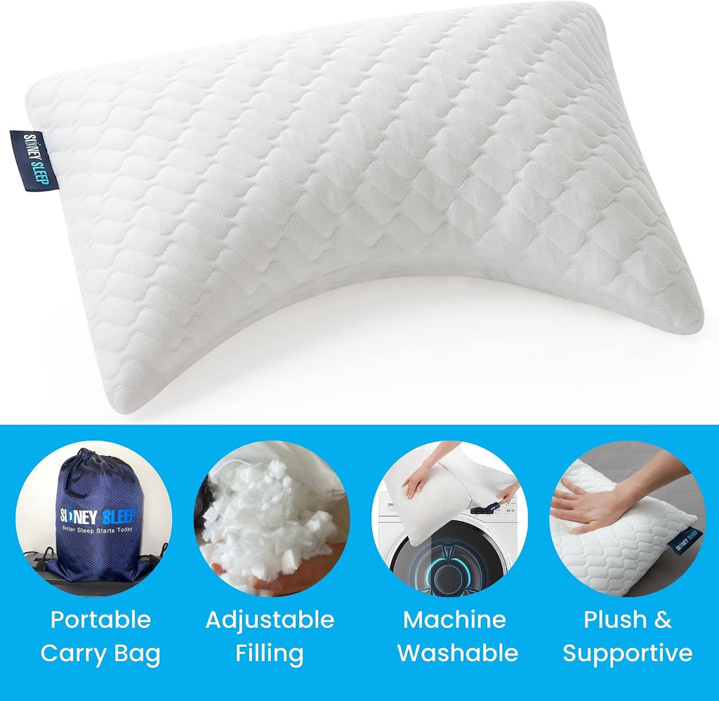 Sidney Sleep Mini Travel Size Neck Pillow - Knee, Back Lumbar and Support - Small Curved Pillow - 14 x 19 Inches - Adjustable Loft…