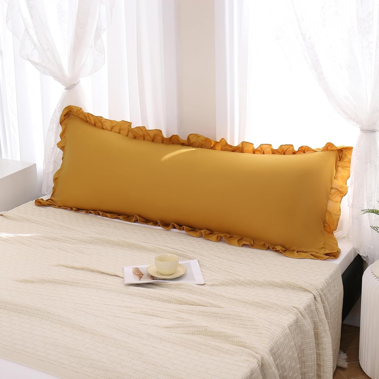 Merryword Mustard Yellow Body Pillow Cover 20x54inches Long Pillowcase Yellow Ruffled Chic Boho Pillowcases Ruffled Fringe Decor Body Ruffl…