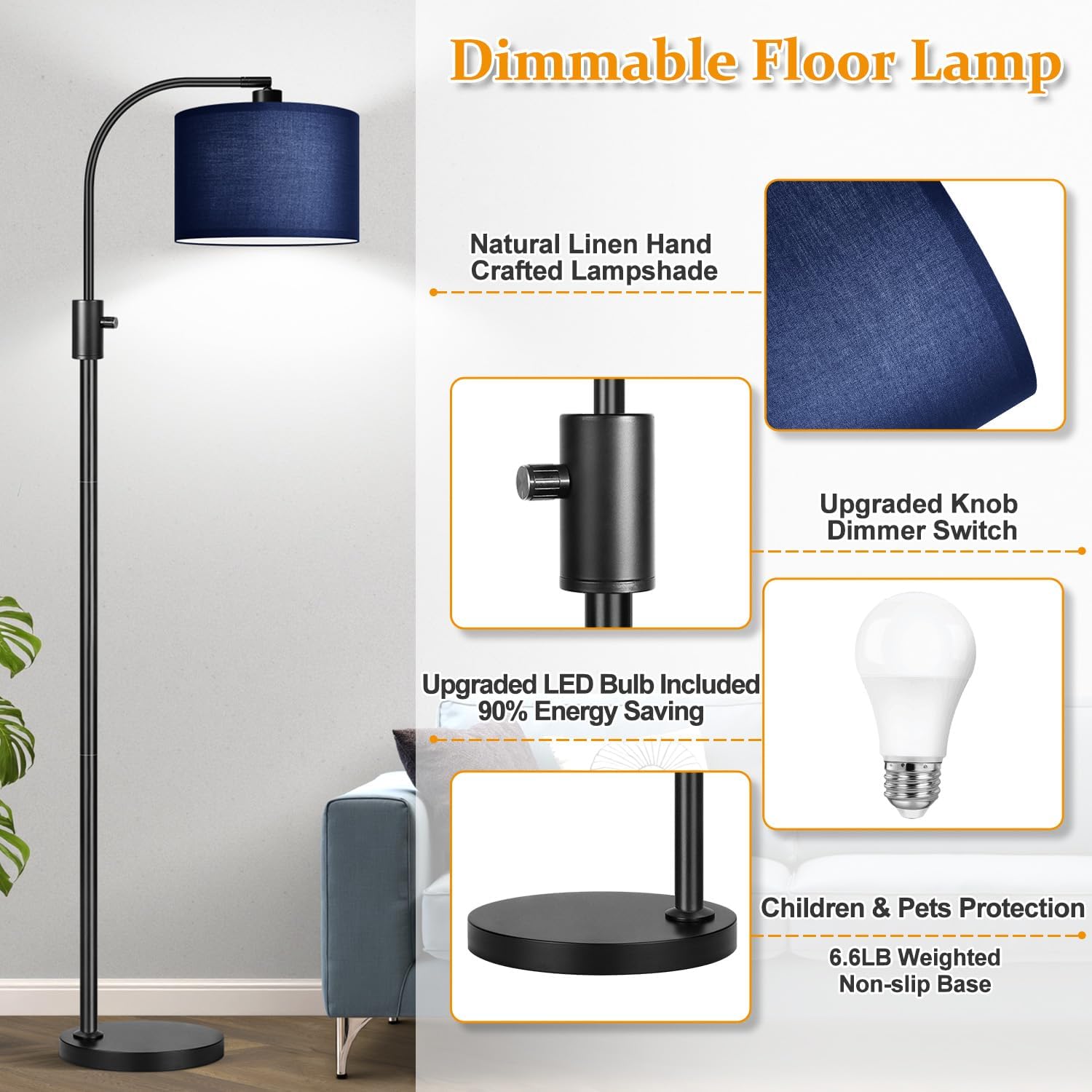 Nintiue Upgraded Modern Arc Dimmable Tall Standing Floor Lamp with Blue Shade, 1200 Lumens LED Bulb Included, for Living & Reading Room…