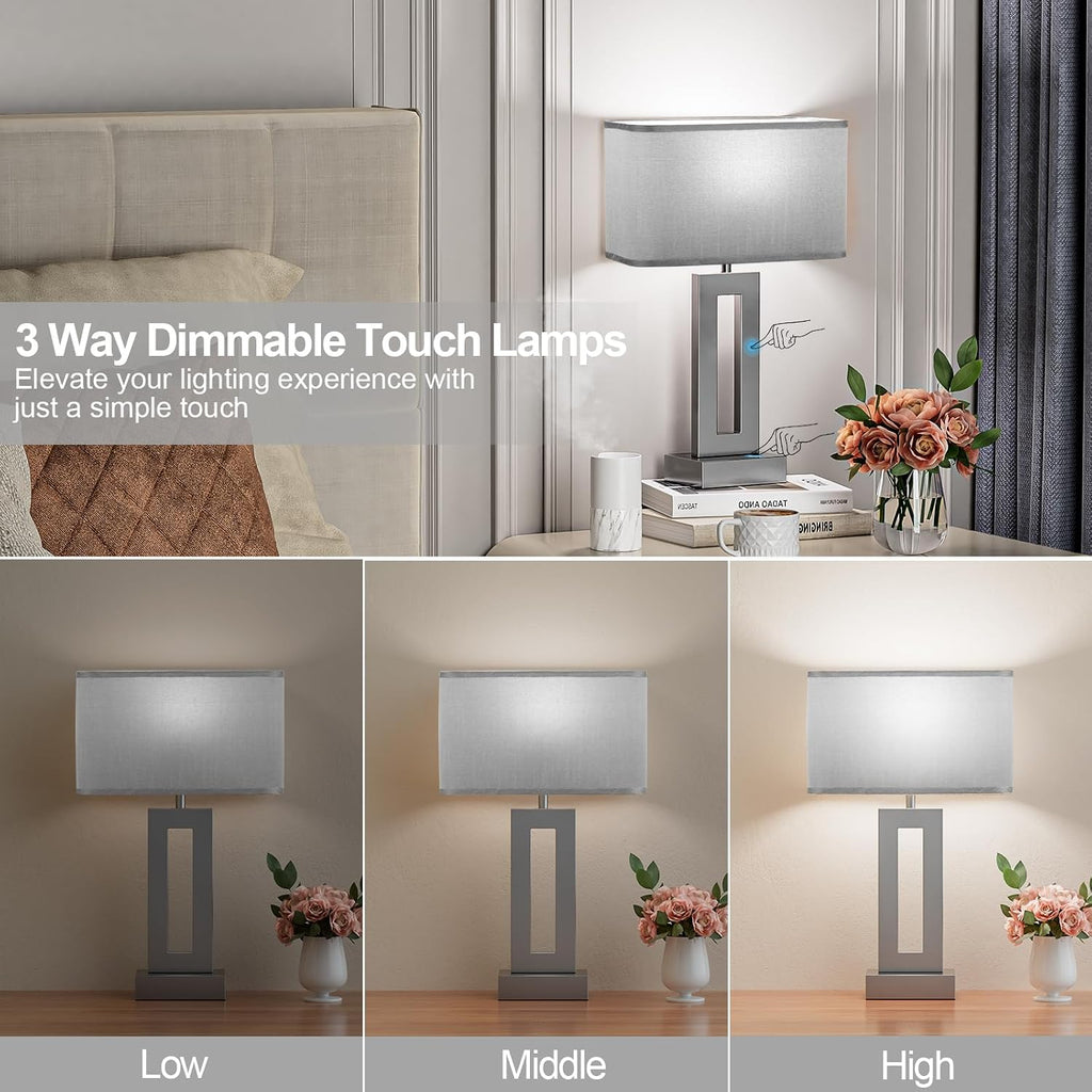 Seealle Bedroom Table Lamps Set of 2 - Grey Touch Bedside Lamps with USB C+A, 3 Way Dimmable Gold Lamp for Nightstand, Modern Night…