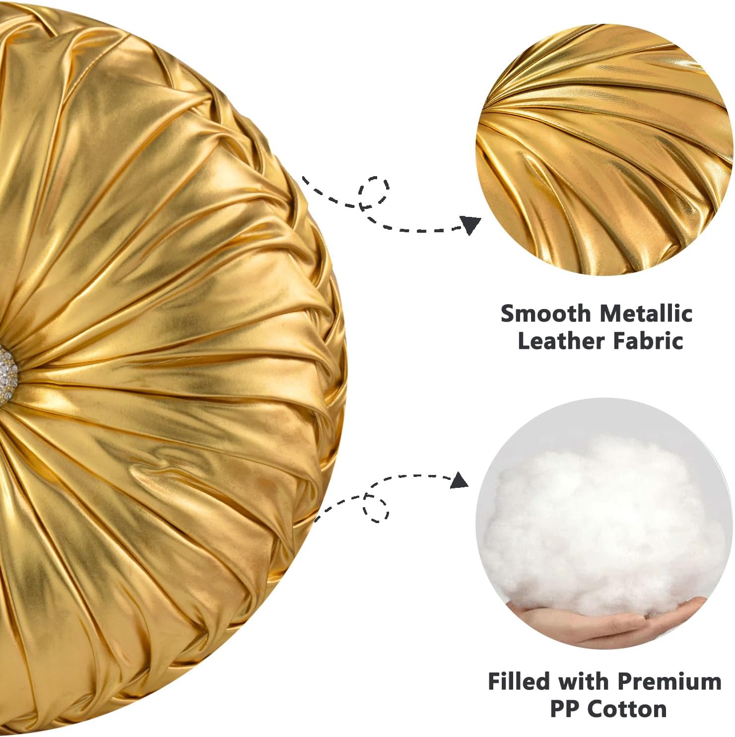 HIG Set of 2 Handcrafted Gold Ruched Round Throw Pillows – 14.5’’ Metallic Leather Decorative Pillows with Soft Polyester Filling for…