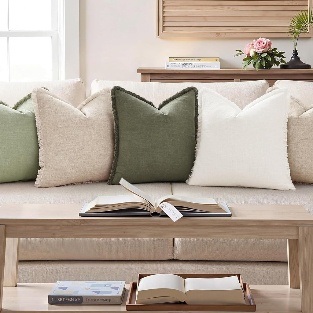 decorUhome Summer Decorative Neutral Linen Fringe Throw Pillow Covers Set of 2 Olive Green Pillow Covers with Tassels Soft Farmhouse Boho A…