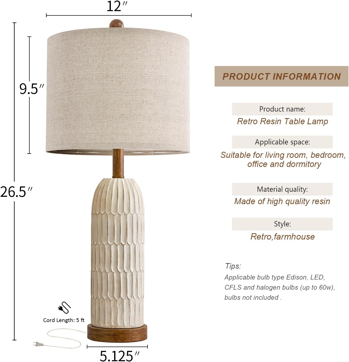OYEARS 26.5" Bedside Table Lamps Set of 2, Farmhouse Table Lamp with USB A+C Charging Ports, Vintage Nightstand Lamp for Bedrooms and…