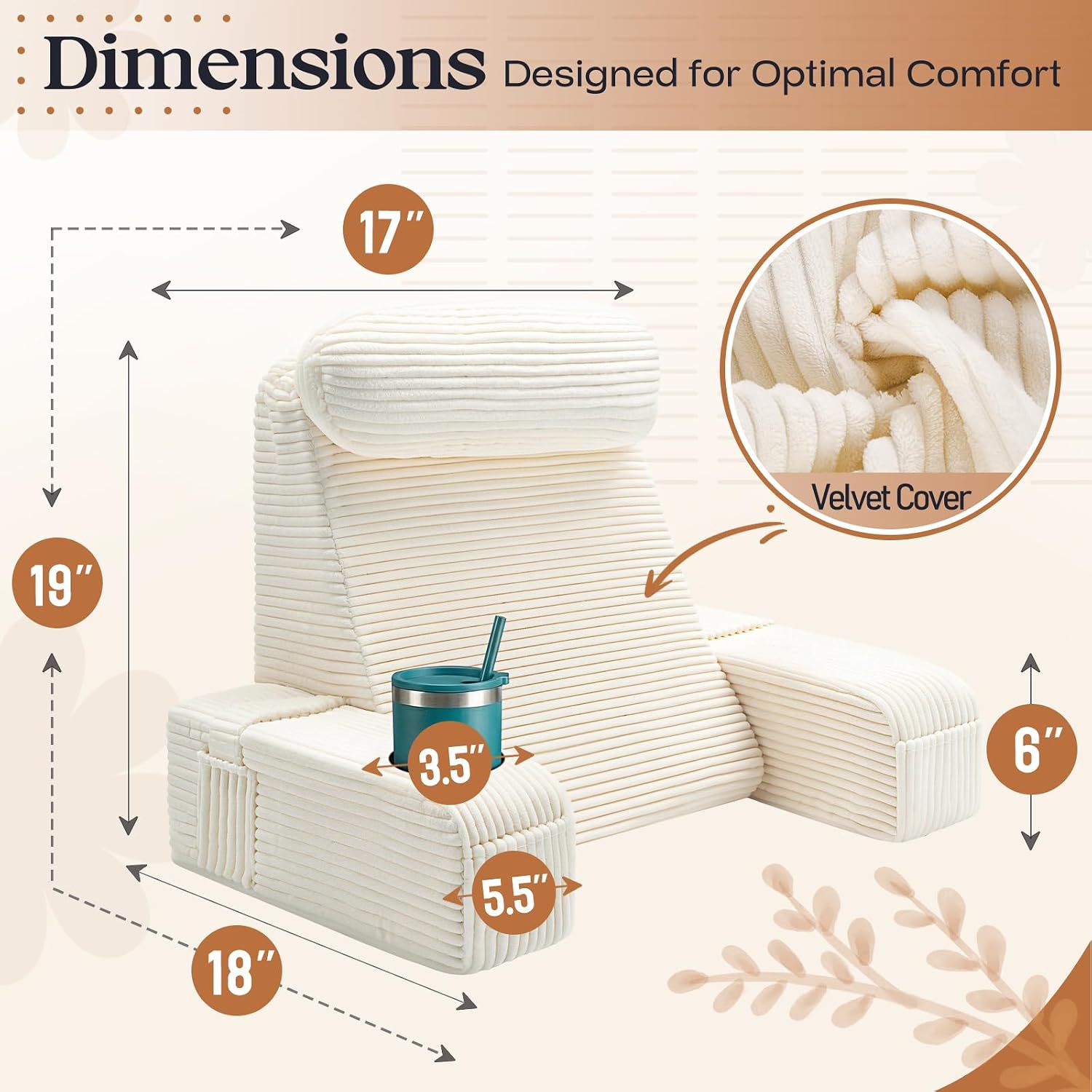 Reading Pillow/Backrest Pillow with Arms, Cup Holder & Phone Pocket - Bed Rest Pillow with Adjustable Headrest, Corduroy Fabric for Back…