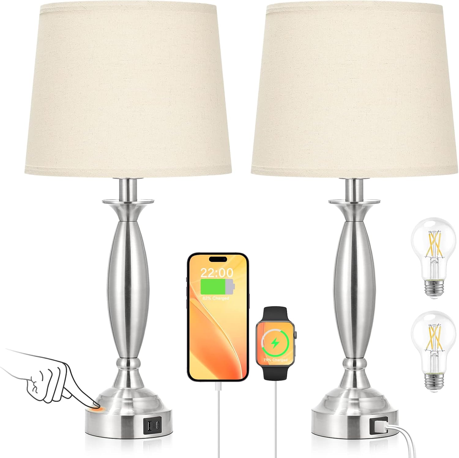 Seealle Beige Lamps for Bedrooms Set of 2 - Touch Control Bedside Lamp with USB C+A, 3 Way Dimmable Nightstand Lamps with USB Port, Table…