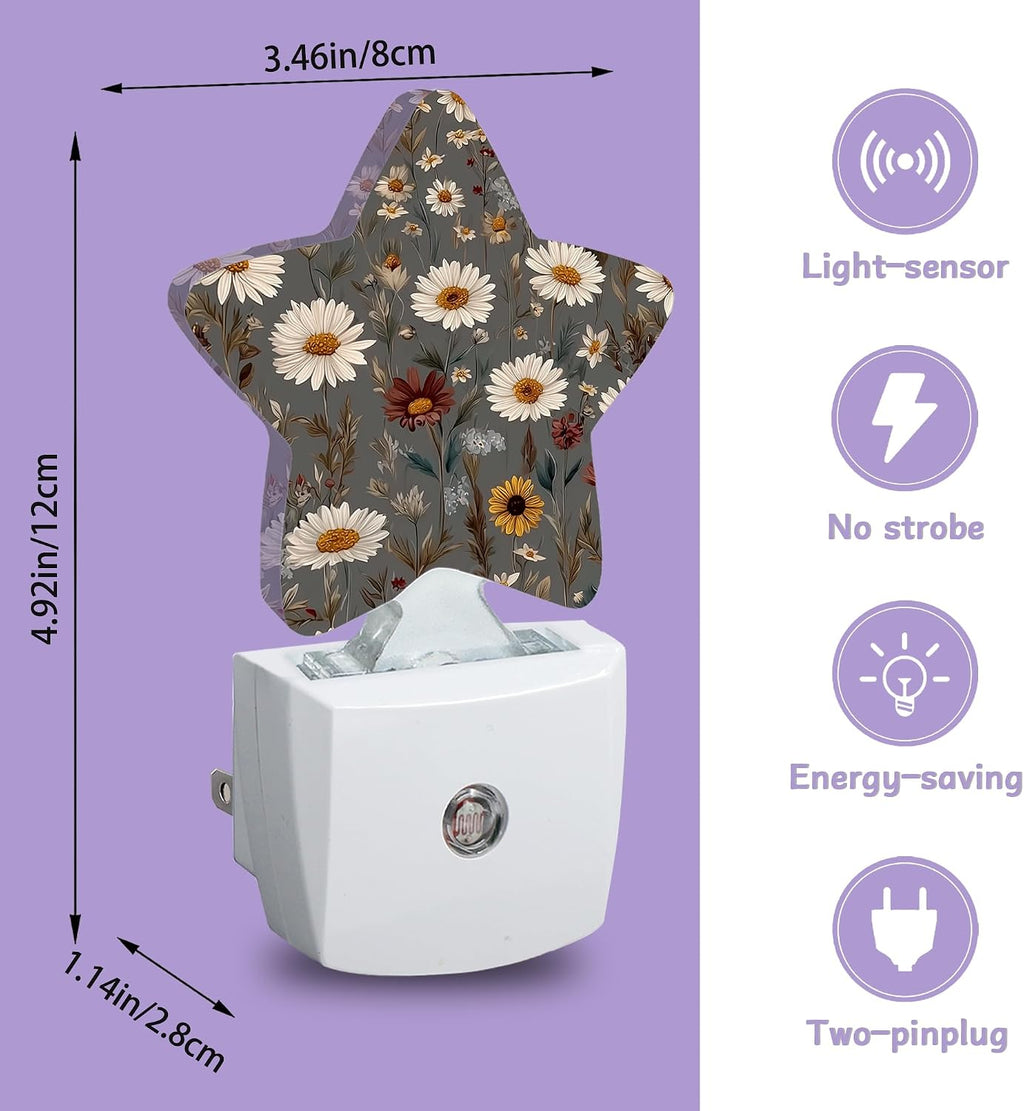 Brown Flowers Night Lights Plug Into Wall, White Floral Dusk to Dawn Light Sensor Night Light for Kids, Energy Efficient Sleep Friendly…