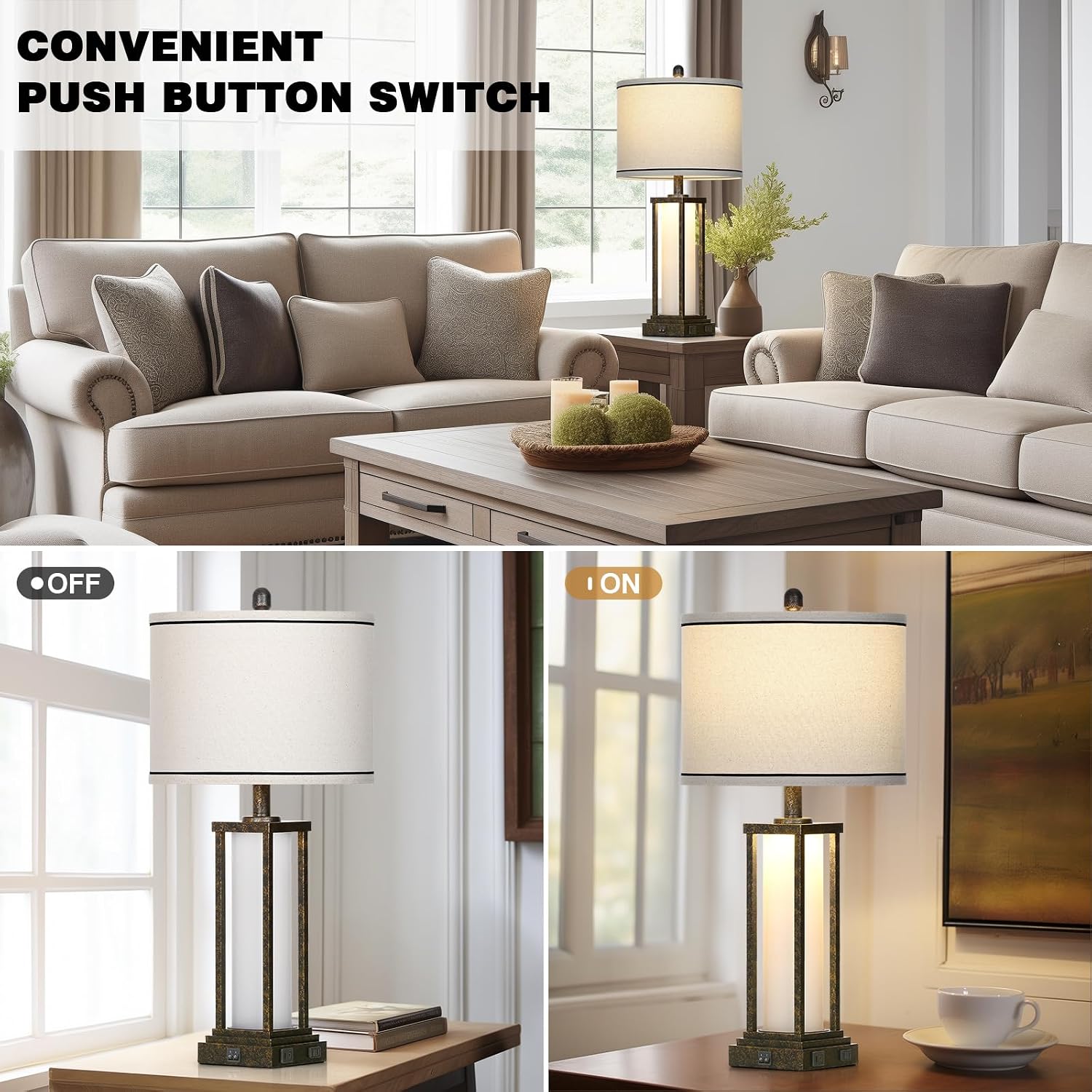 27" Tall Vintage Table Lamp Set of 2 with USB C+A & Outlet, Bronze Industrial End Table Lamp for Living Room, Farmhouse Rustic Bedside…