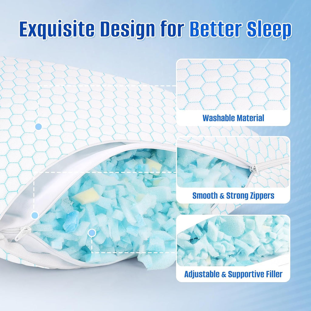 CushyOasis Shredded Memory Foam Pillow for Sleeping, Cooling Bed Pillows Set of 2, Adjustable Pillows for Side, Back, Stomach Sleepers with…