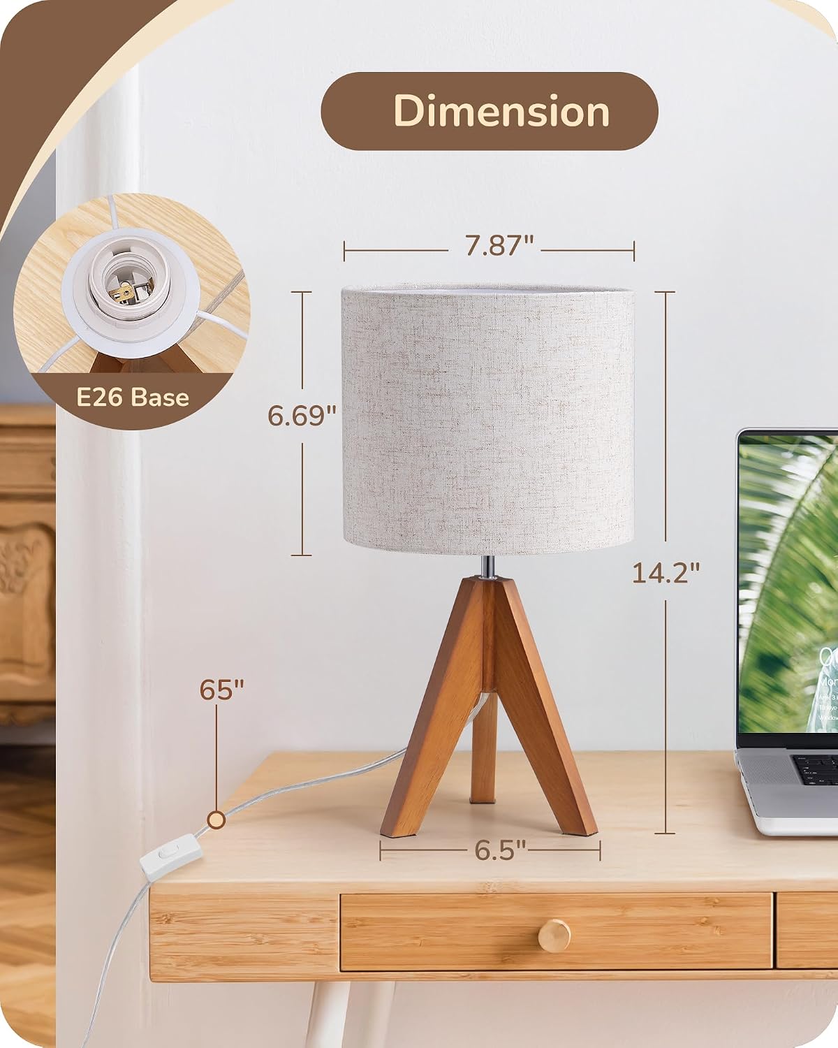EDISHINE Tripod Table Lamp, Small Cute Bedside Lamp with Linen Beige Lampshade, Nightstand Lamp for Nursery, Bedroom, Kid Room, Living…