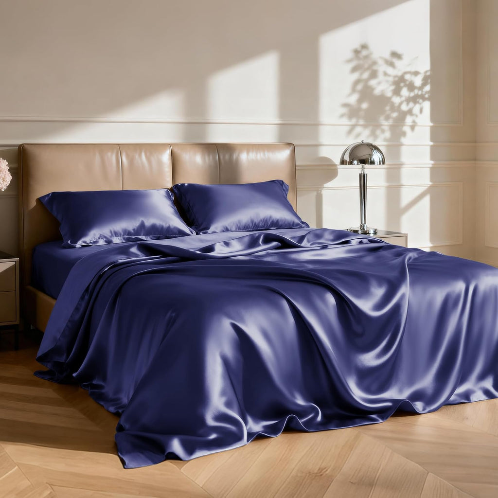 Lovescabin Love's cabin California King Satin Sheet Sets - 4 Piece Navy Blue Silky Sheets Bed Set with Deep Pocket, Luxury Silk Feel Satin…