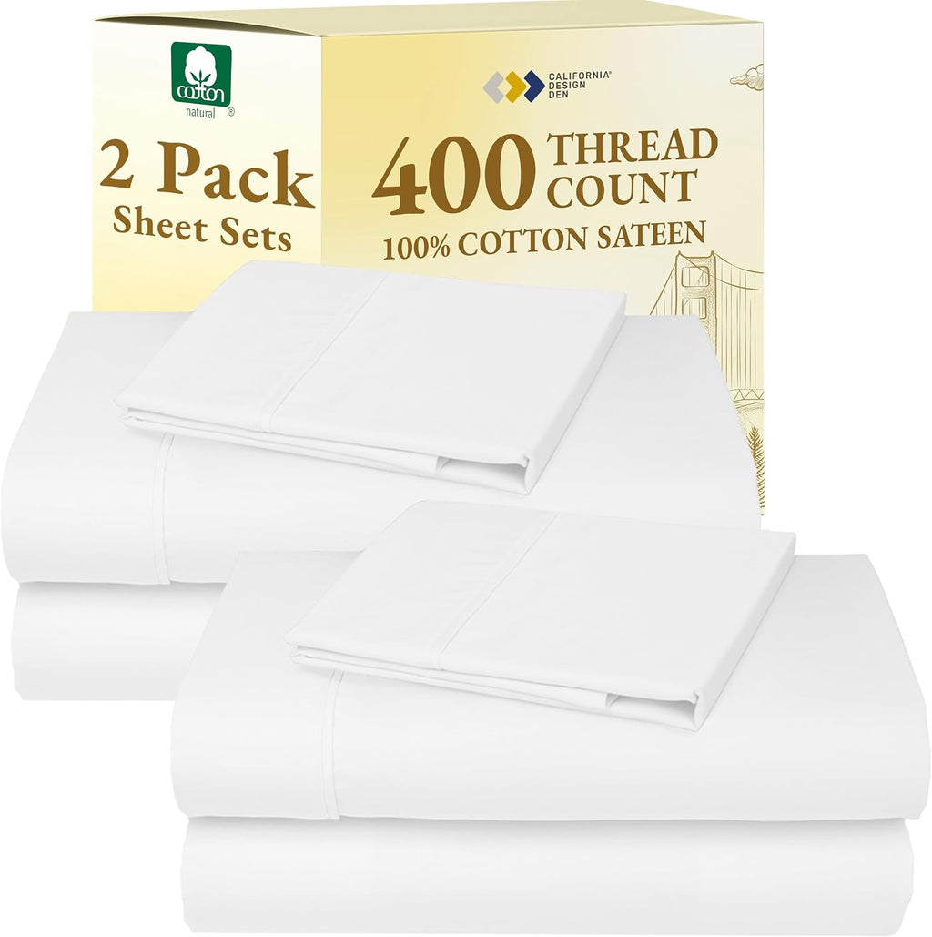 CaliforniaDesignDen California Design Den Pack of 2 Twin XL Sheet Sets 100% Cotton Sateen - 400 Thread Count - Soft and Breathable Sheets,…