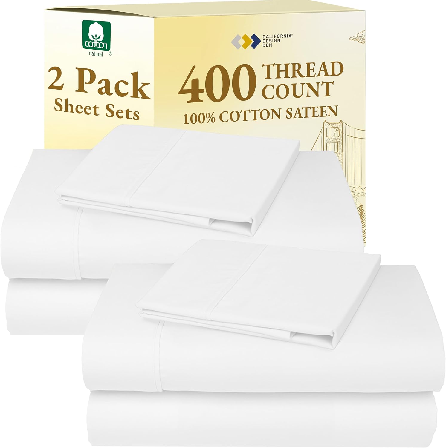 CaliforniaDesignDen California Design Den Pack of 2 Twin XL Sheet Sets 100% Cotton Sateen - 400 Thread Count - Soft and Breathable Sheets,…