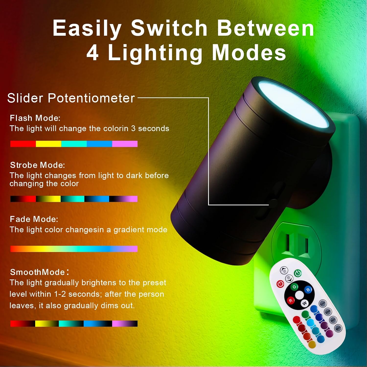 Horta Night Lights Plug into Wall 2 Pack, RGB Color Changing Plug in Night Light with Remote, Dusk to Dawn Sensor, 0-100LM Dimmable Night…
