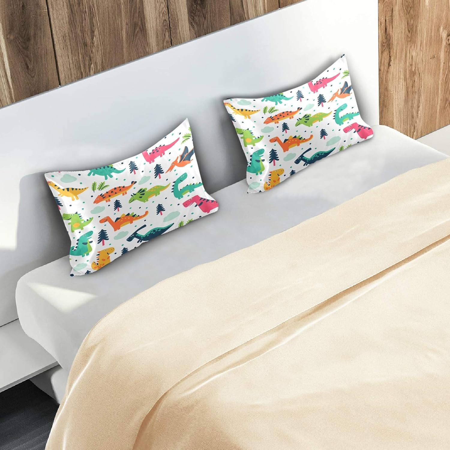 Blueangle Funny Cartoon Dinosaur Satin Pillowcase for Hair and Skin Silk Pillowcase, Queen Size(20x30 inches) - Satin Pillow Covers with…