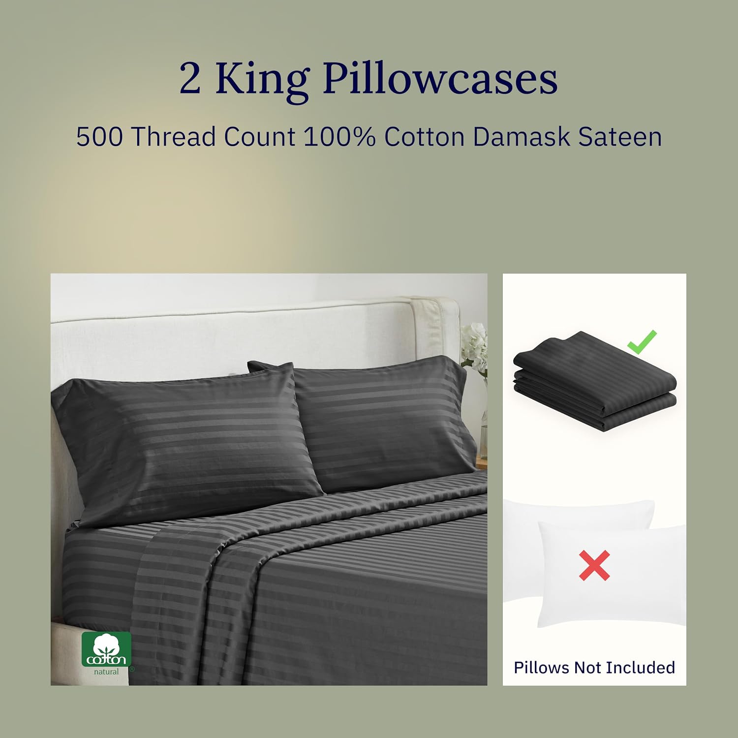 CALIFORNIA DESIGN DEN Soft & Silky 500 Thread Count 100% Cotton Sateen, Cool & Smooth with A Classic Opening, Set of 2 King Pillow Cases…